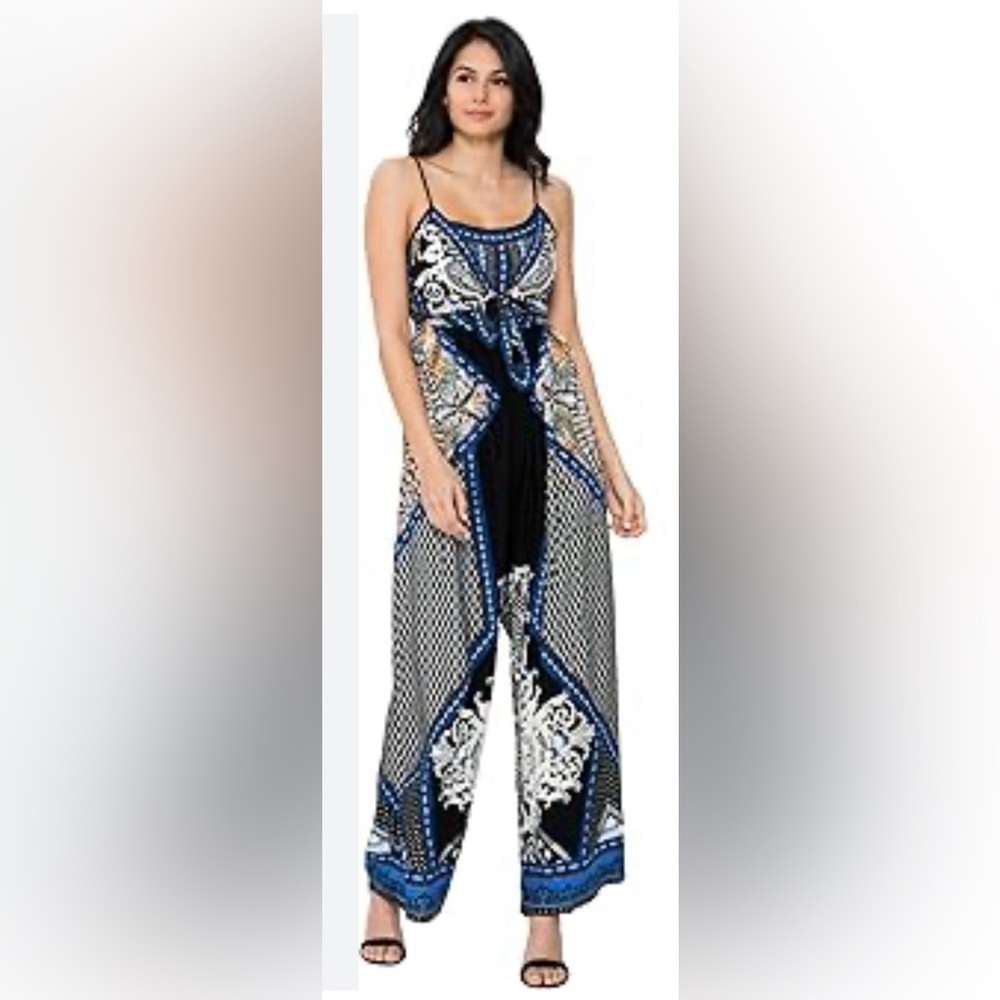 Flying Tomato Blue Black White Printed Wide-Leg Jumpsuit